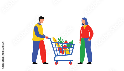 Modern couple grocery shopping together with vibrant cart full of fresh produce for a healthy meal and lifestyle in colorful illustration