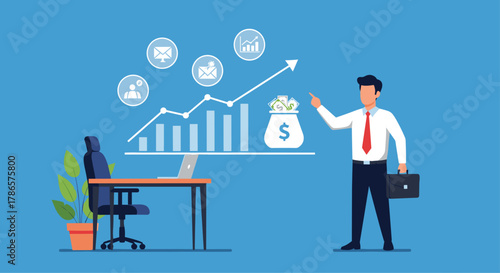 Confident businessman pointing at rising financial graph and money bag in modern office setting signaling business growth and investment success