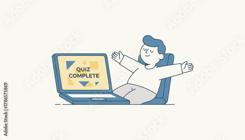 A laptop displaying a Quiz Complete screen as a student leans back a look of relief on their face after finishing an online exam.