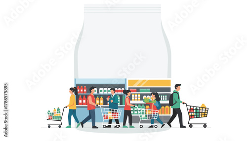 Consumers shopping at supermarket with shopping carts, perfect for retail ads or store promotions with a blank space for your brand logo