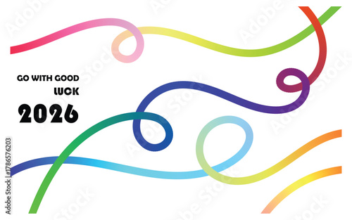 Colorful ribbons with year 2026 and good luck wishes on a clean white background