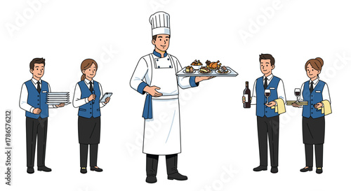 Skilled chef presenting delicious dishes as team prepares for elegant dining experience in modern restaurant setting for catering service