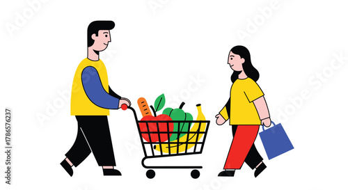 Couple shopping for healthy food together at the market with fresh produce and groceries in their cart ready for a delicious meal