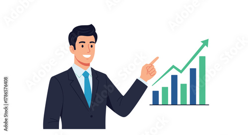 Confident businessman presents financial growth with a rising chart, projecting success and positive business trends for investors and stakeholders