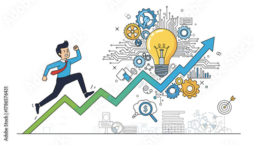 Excited businessman sprints toward innovative solutions and financial growth with strategic planning for business success and future goals