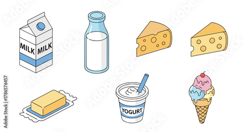 Dairy delights for healthy eating showcasing fresh milk, creamy yogurt, cheese, butter, and a sweet ice cream treat for delicious indulgence