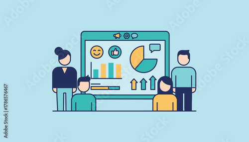 A team gathered around a digital dashboard displaying employee satisfaction metrics emphasizing the importance of feedback and engagement surveys.