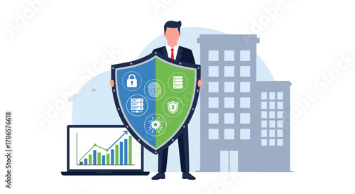 Boost your business with modern cybersecurity solutions represented by a confident businessman holding protective shield for data privacy