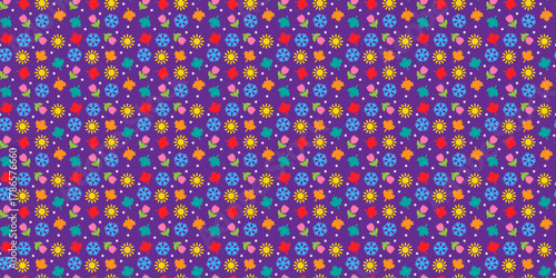 Seamless pattern with four seasons icons. Vector design with symbols of winter, spring, summer and autumn such as snowflake, flower, sun and fall leaf on a purple background.