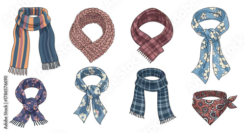 Diverse collection of stylish scarves and bandanas for fashion and warmth needs, ideal for autumn and winter apparel design projects