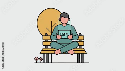 A person sitting in a park with earbuds in engaging with a gratitude journal app on their device.