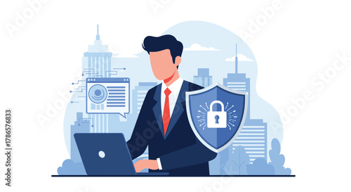 Professional cybersecurity expert safeguarding data with shield and laptop against a modern city skyline for ultimate digital protection
