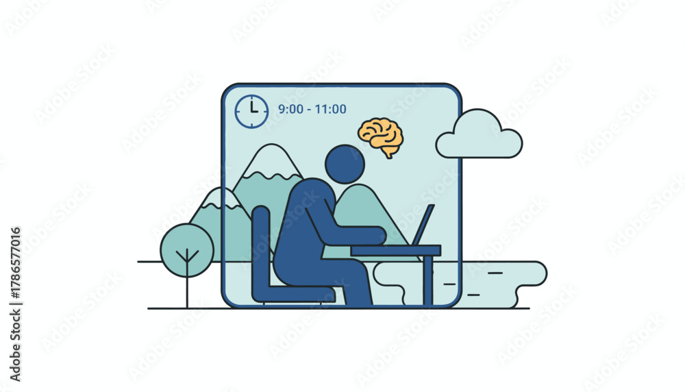 Fototapeta premium A graphic depicting a person engaging in deep work during a scheduled time block surrounded by imagery of a calm environment with minimal distractions.