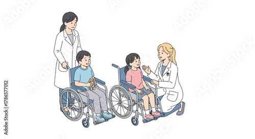 Caring doctors tending to happy children in wheelchairs, promoting inclusivity and accessible healthcare for all young patients today