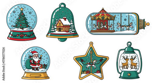 Delightful Christmas ornaments for holiday cheer featuring snow globes, Santa Claus, reindeer, and festive carousel scenes for seasonal joy