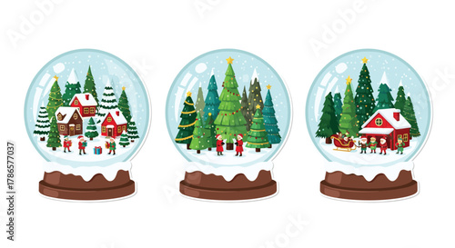 Whimsical snow globe collection featuring festive winter scenes with holiday homes, trees, gifts, and cheerful characters spreading joy