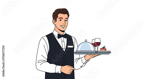 Professional waiter serving elegant dessert and wine on tray for luxury dining experience showcasing impeccable service and hospitality