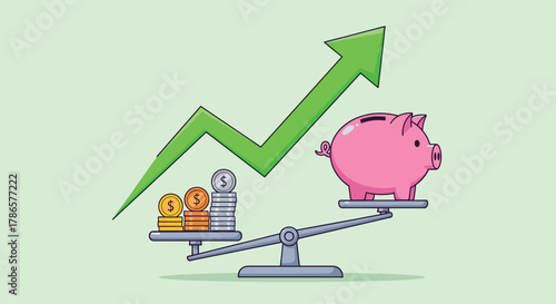 Grow your savings with smart investments and balanced financial planning for a secure future, featuring a cute piggy bank and rising arrow