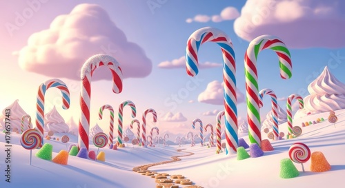Whimsical Candy Cane Forest in Snowy Landscape