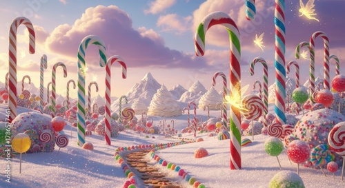 Whimsical Candy Cane Forest in Snowy Landscape