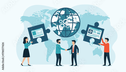 Diverse team collaborates building global business connections with digital solutions and puzzle pieces fitting together