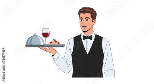 Smiling waiter presents delicious pasta dish and red wine, offering exceptional dining experience with elegant service