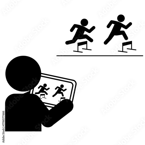 タブレットでハードル走を撮影・記録する人物のピクトグラム（ICT体育教育）
