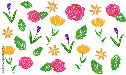 水彩風の花と葉っぱのパターン背景イラスト