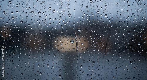 Raindrops on Window Glass with Blurred City Lights Background Rainy Day Cinematic Mood Photography  
