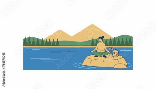 A serene lakeside setting where a travel blogger meditates taking a moment to reflect and appreciate the tranquility of nature.