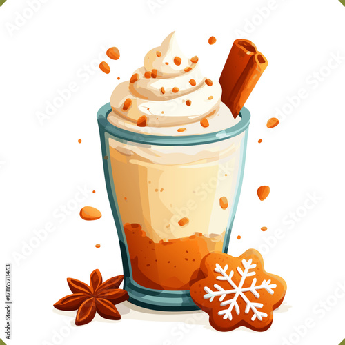 Vector illustration of festive glass of eggnog with whipped cream, cinnamon stick and gingerbread cookies isolated on a white background. Vector illustration of winter beverage on white background