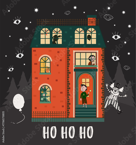 Spooky Cute Christmas House. Doodle Illustration with Ghost, Clown and Scared Kids