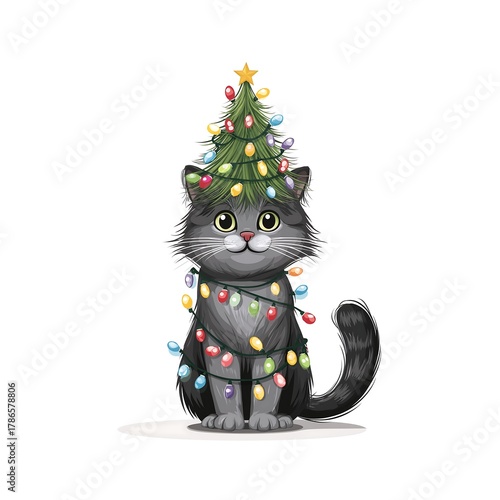 Funny Fluffy Gray Cat Wearing Christmas Tree Hat and Wrapped in Festive Lights