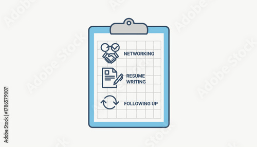 A checklist on a clipboard featuring essential steps for an effective job search such as networking resume writing and following up.