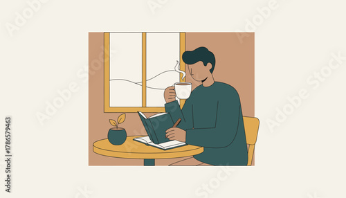 A serene coffee shop scene where a person sips a warm drink while jotting down reflections in a journal.