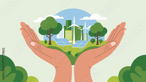 Hands holding a green city with solar panels and wind turbines, vector illustration for environmental protection and sustainable energy