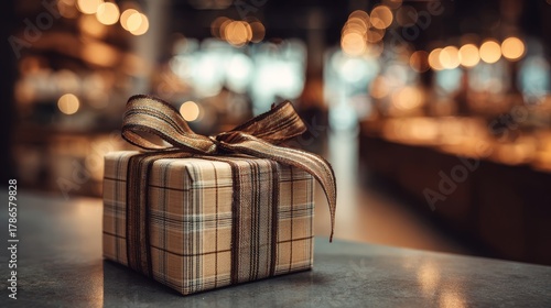 Wrapped present with plaid ribbon sitting on grocery store counter