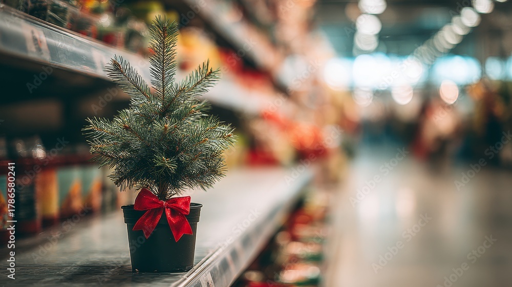 Obraz premium Small potted Christmas tree with red bow on supermarket shelf. Festive holiday decor