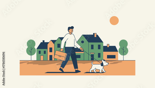 An individual walking their dog in a picturesque neighborhood after logging off work representing the balance between responsibilities and personal joy.