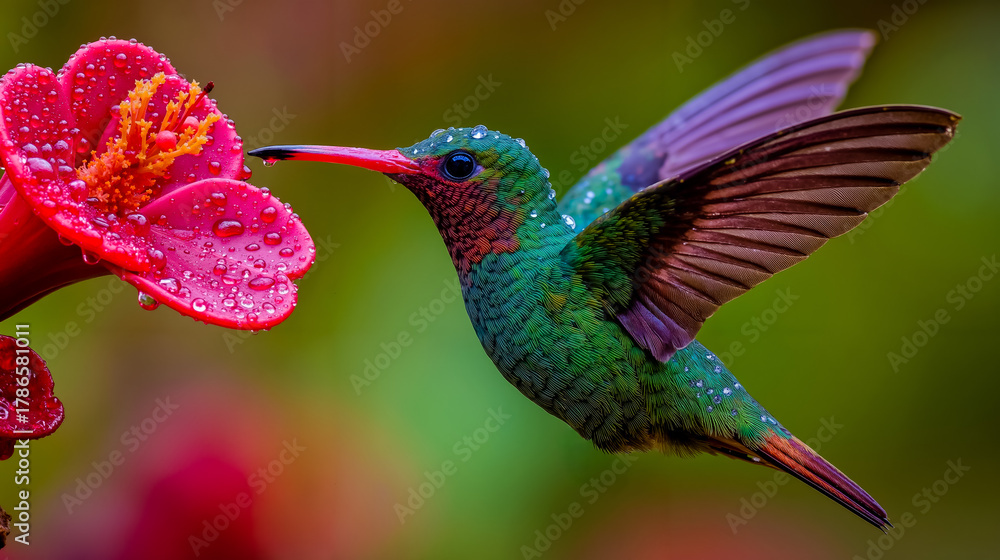 Fototapeta premium Hummingbird flower nectar nature wildlife colorful vibrant green red bird wing petal droplet rainbow exotic tropical avian pollination