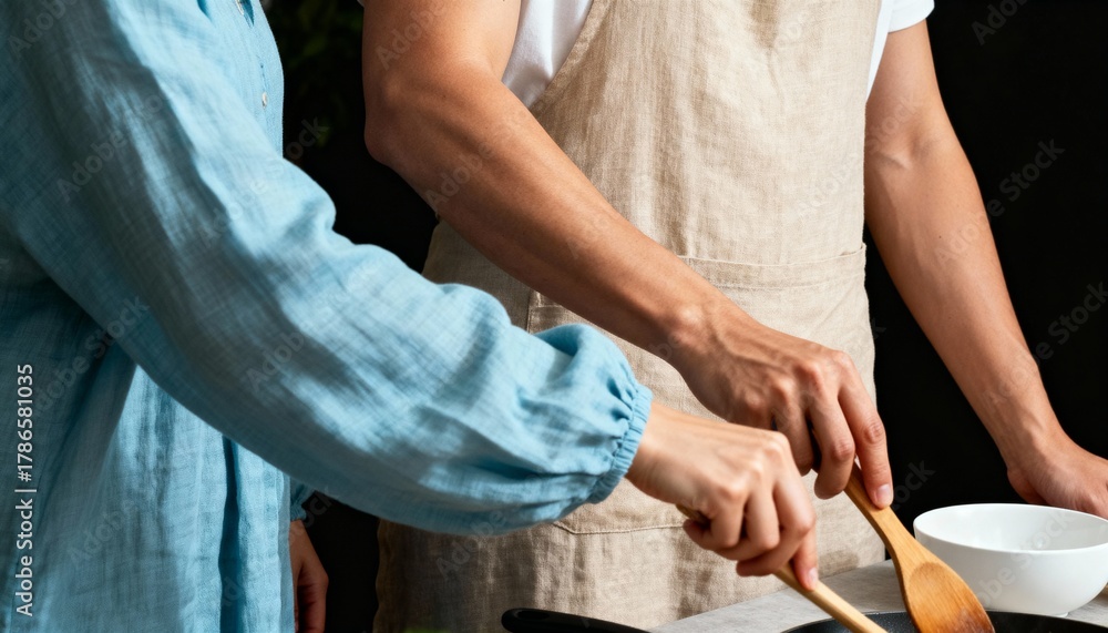 © Anna - Couple cooking together in a home kitchen. Close-up of hands preparing a healthy meal in a pan. Domestic lifestyle and partnership concept