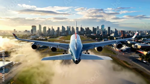 Airplane Taking Off Over City Skyline During Sunset.