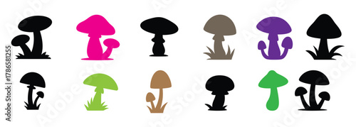 Colorful and Black Mushroom Icons Bundle - Magic Forest Fungi Shapes Clipart - Simple Design Elements for Kids