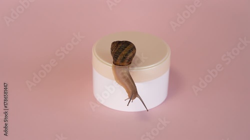 Video. Cosmetic bottle with snail on it in hand. Spa, naturale, luxury, cosmetics product, jar of anti-aging cream