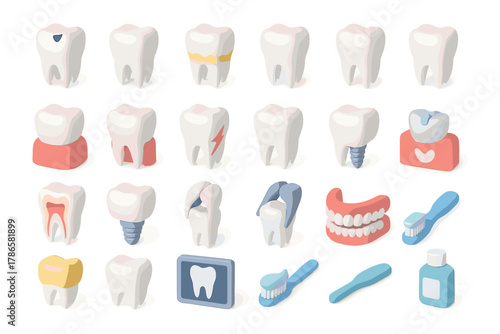 Dental and Oral Health Isometric Icons – Tooth Care and Hygiene Set