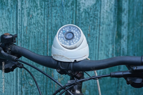 Fototapeta Naklejka Na Ścianę i Meble -  One white webcam stands on a black bicycle handlebar near a green wall on a summer street