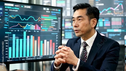 Businessman Analyzing Stock Market Data on Digital Screens During Financial Conference.