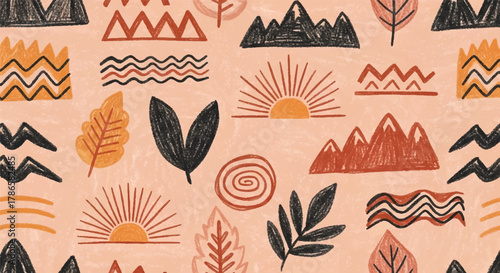Abstract Nature Doodle Seamless Pattern - Hand-Drawn Mountain, Sun, and Leaf Texture
