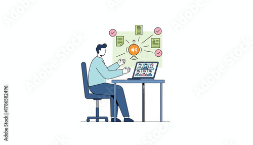 A professional conducting an online meeting employing a voice assistant to facilitate document sharing and agendas during the call.