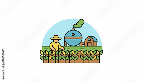 A farmer tending to a vibrant field of crops with a biogas generator in the background demonstrating agricultural sustainability.